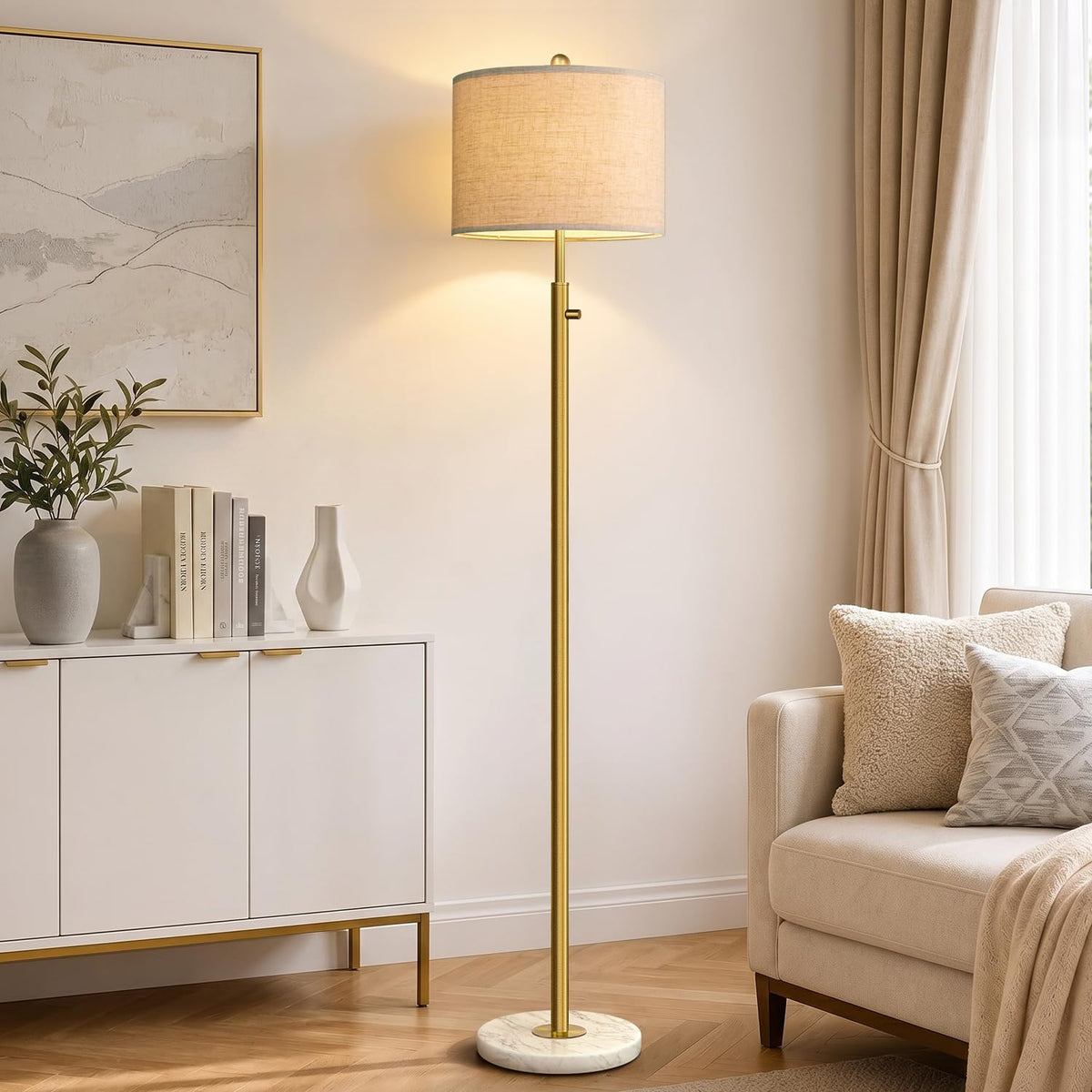 Nintiue Dimmable Gold Floor Lamp, Turkish Marble Base, White Linen Shade