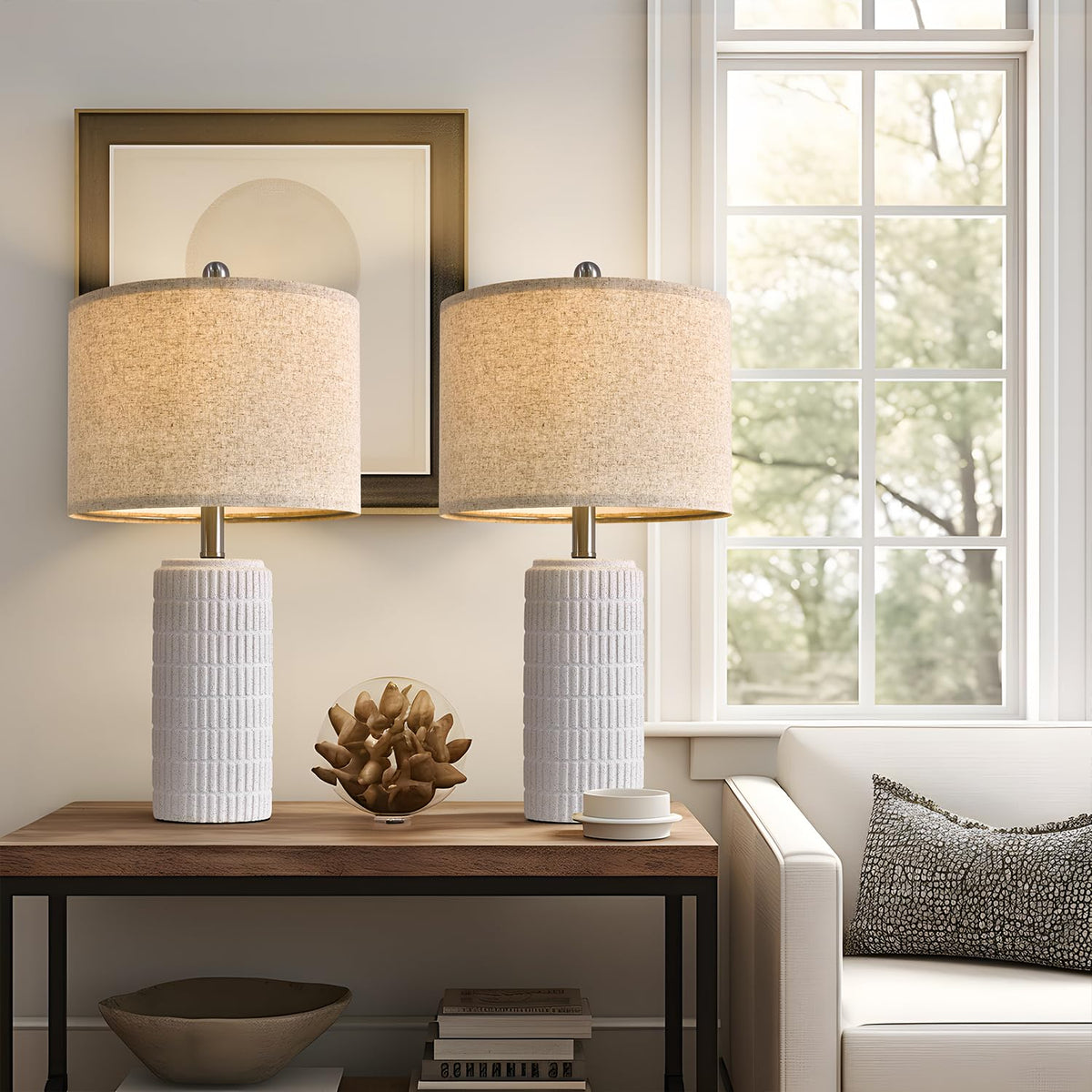 PoKat 23" Modern Ceramic Table Lamp Set of 2 for Living Room Bedroom, White