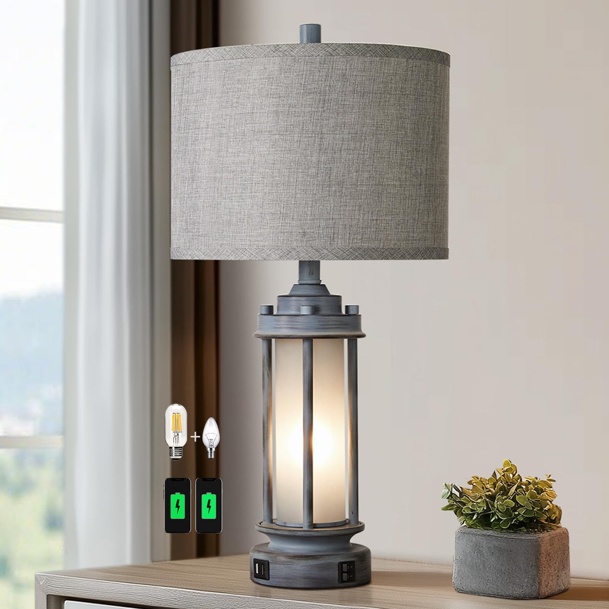 AIEAMPDO Set of 2 Farmhouse Table Lamps for Living Room with USB C+A Ports