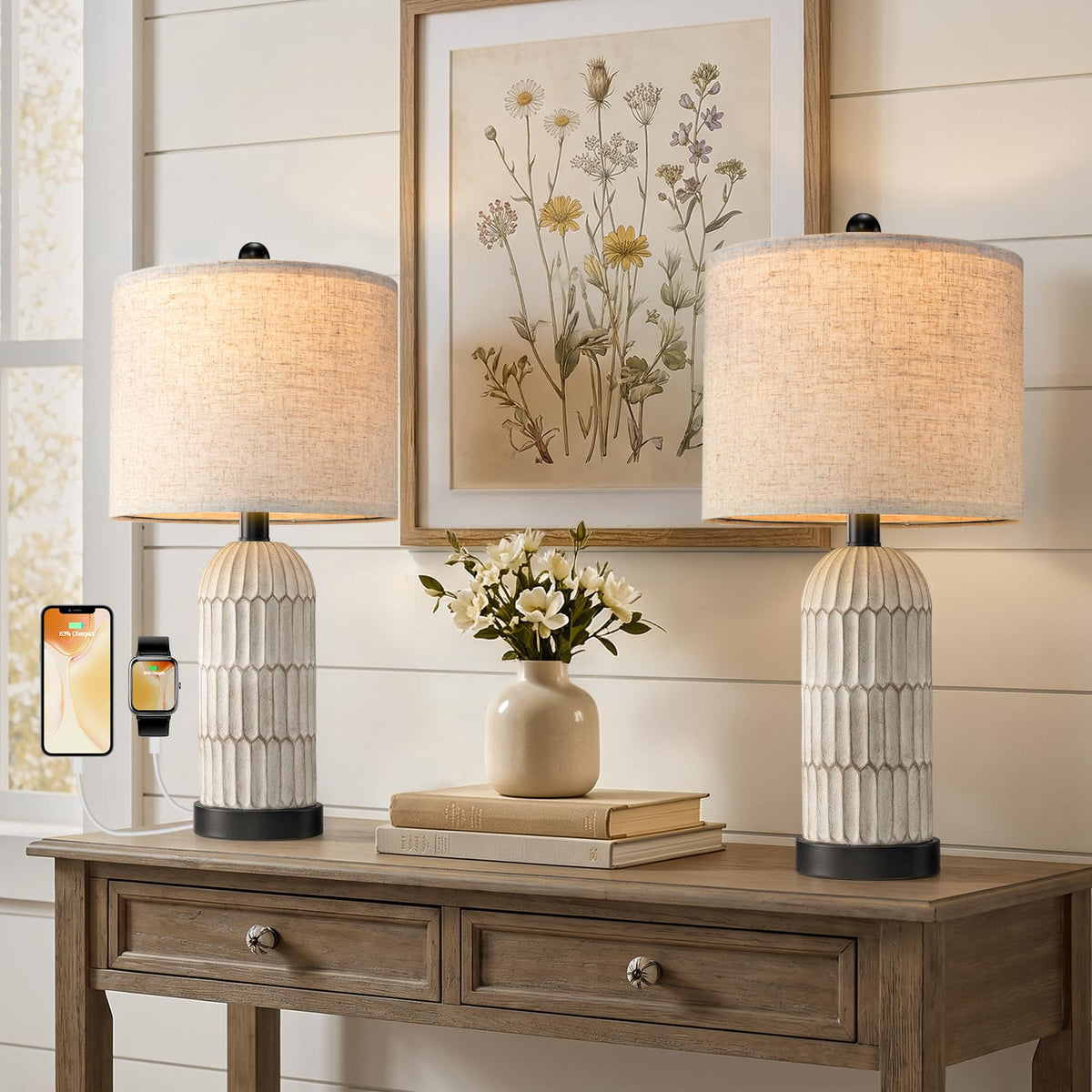 OYEARS 22" Bedside Table Lamps Set of 2, Farmhouse Lamp with USB A+C,Brown