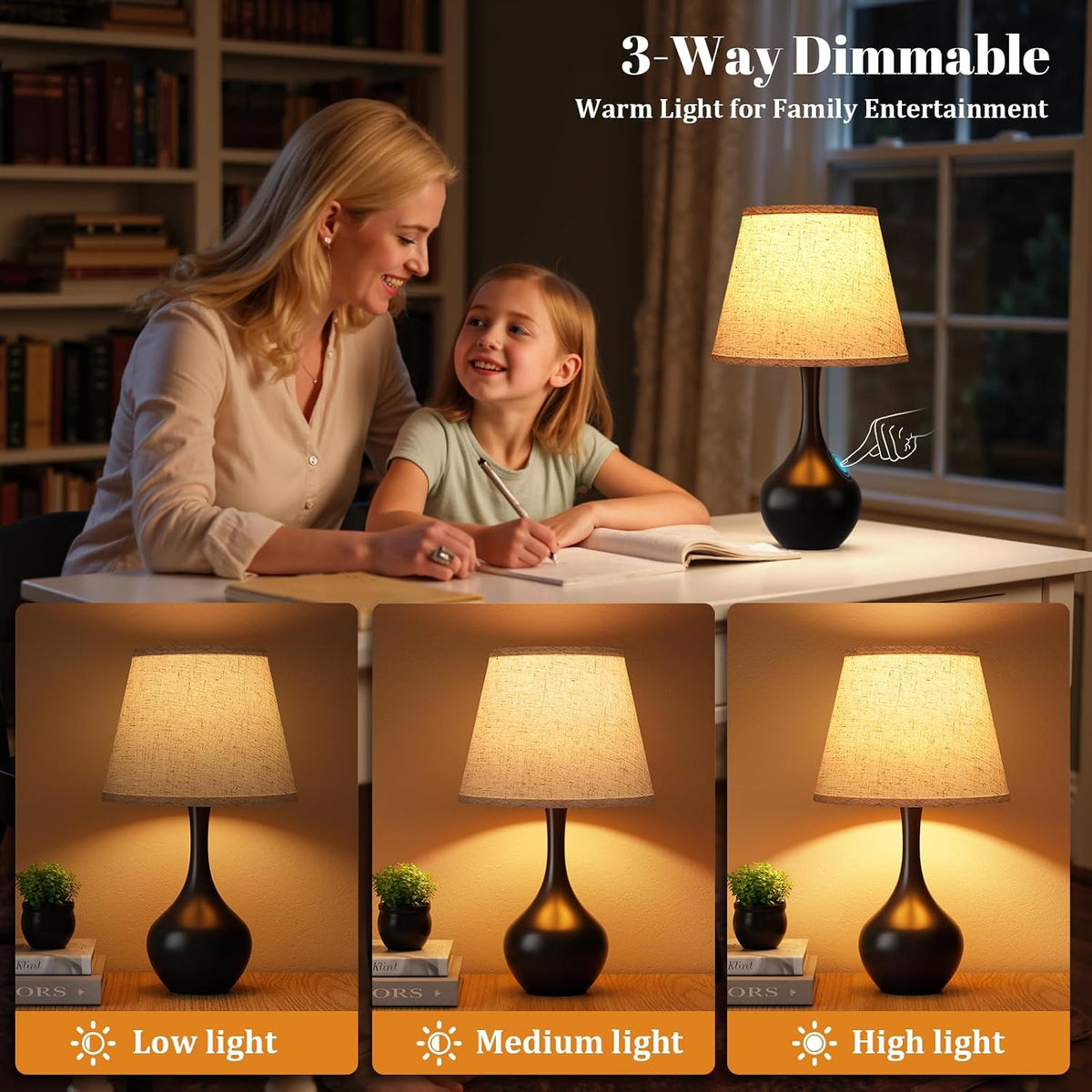 16.1" Touch Table Lamp for Nightstand, 3 Way Dimmable Small Bedroom Lamp
