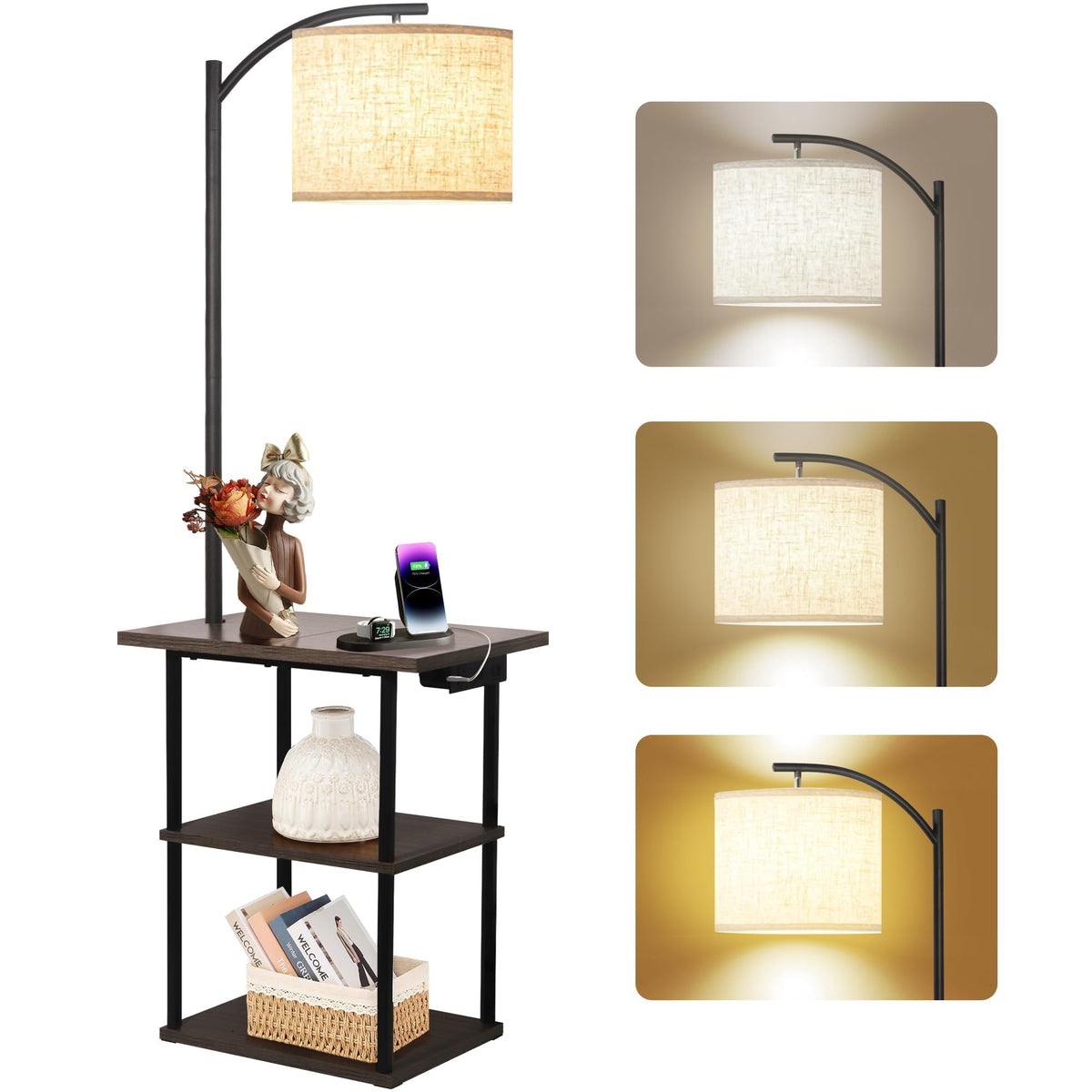 PESRAE Floor Lamp with Table, End Tables with Charging Station