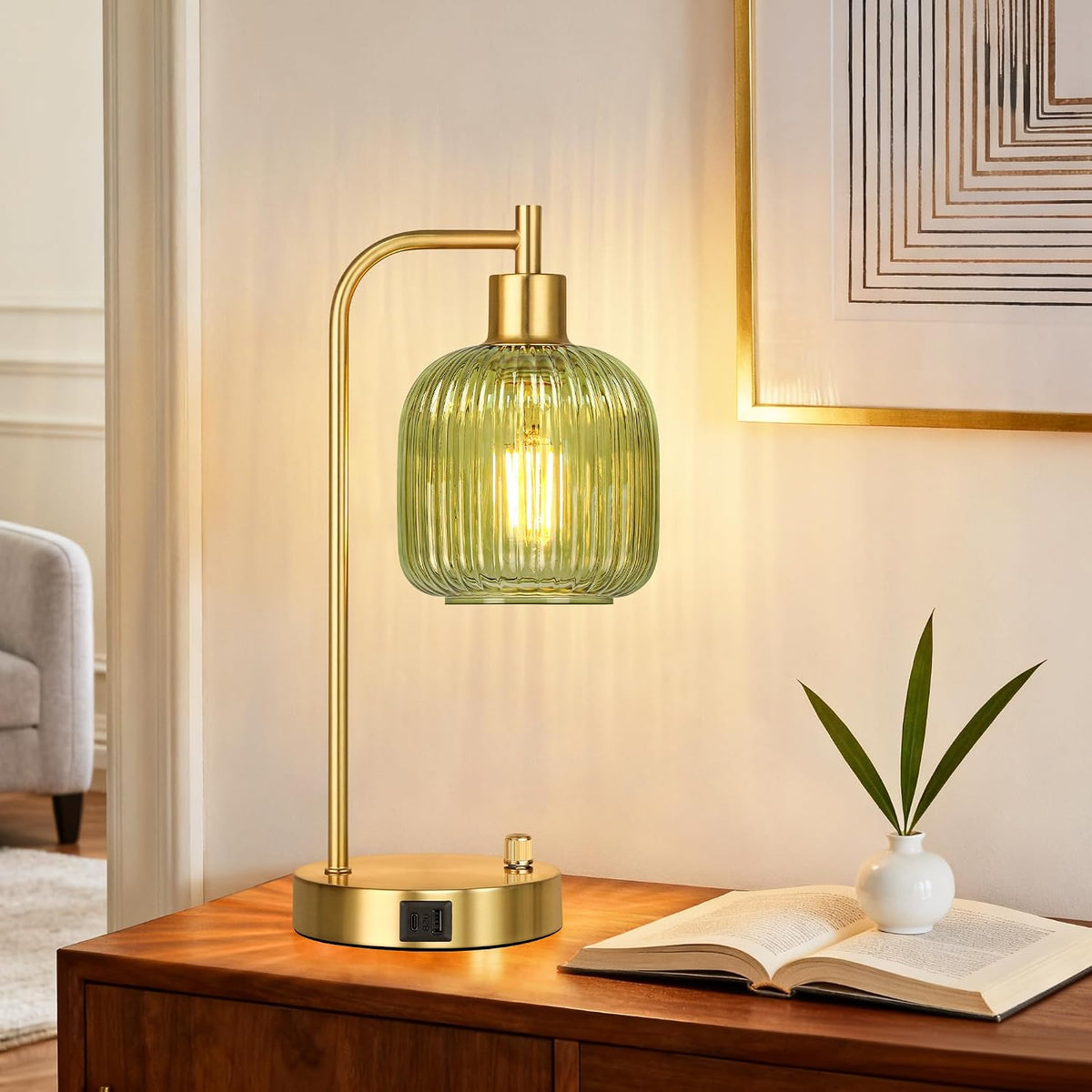 Green Glass Table Lamps Set of 2, Dimmable Bedside Lamps for Living Room