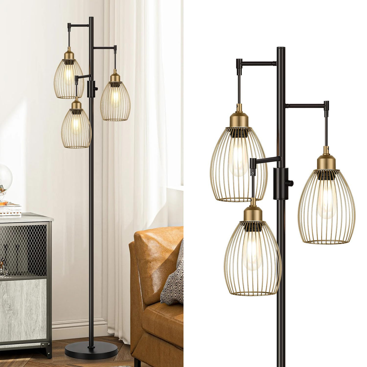 Dimmable Floor Lamp, Industrial Floor Lamps for Living Room, Gold Tree Lamp Standing Lamp Tall Lamps with 3 Elegant Teardrop Cage Head & 800 Lumens LED Bulbs for Living room Bedroom Office Dining Room