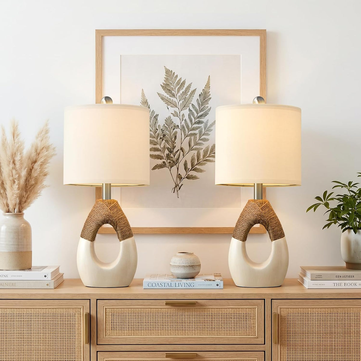 OYEARS 19” Boho Table Lamps Bedroom Living Room,Suitable for Small Space,Farmhouse Rattan Lamp Rustic Egg Design Resin Nightstand Bedside Lamps for Bedroom Living Room Office Study Rest Decor