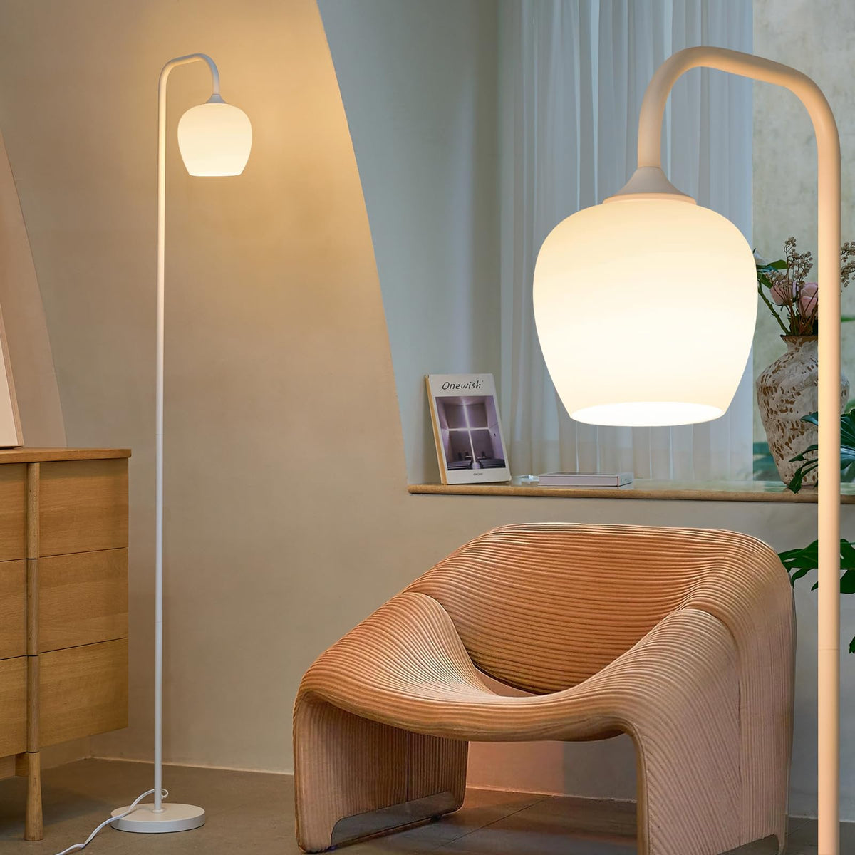ONEWISH White Floor Lamp-Modern Standing Lamp for Living Room Bedroom, Opal Glass Lamp Shade, LED Bulb Included, for Reading Office, Simple Design Home Decor for Christmas Thanksgiving Day