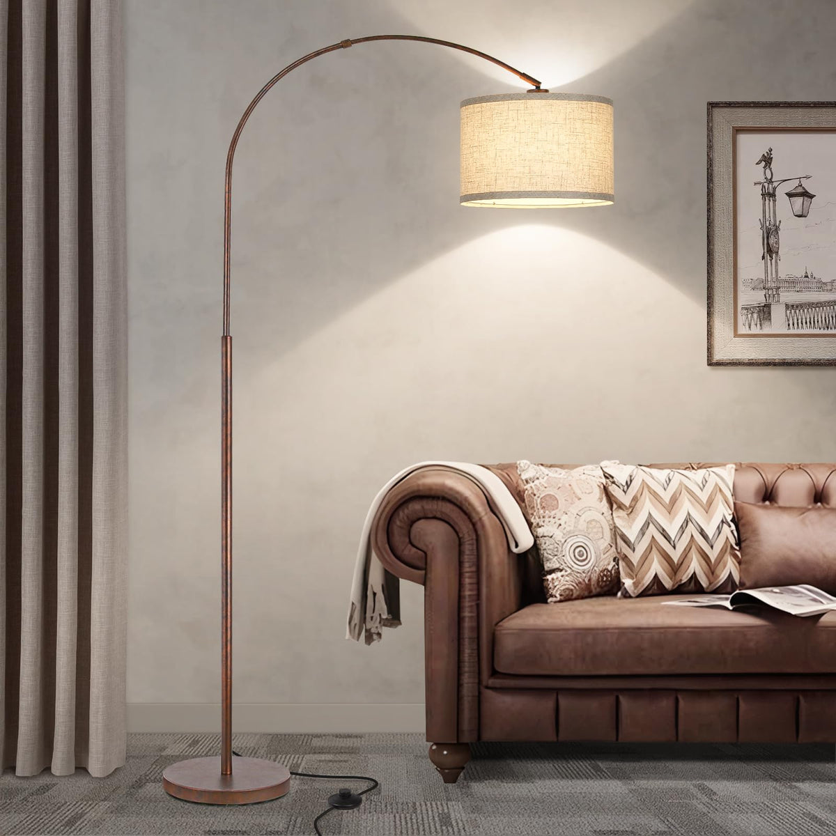 Seaside village Arc Floor Lamps for Living Room, Modern Standing Lamp with Adjustable Hanging Drum Shade, Tall Pole Lamp with Foot Switch, Over Couch Arched Reading Light for Bedroom, Office (Black)