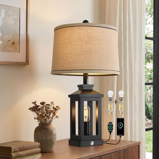 23.75" Retro Farmhouse Black Table Lamp for Living Room Bedroom Nightstand