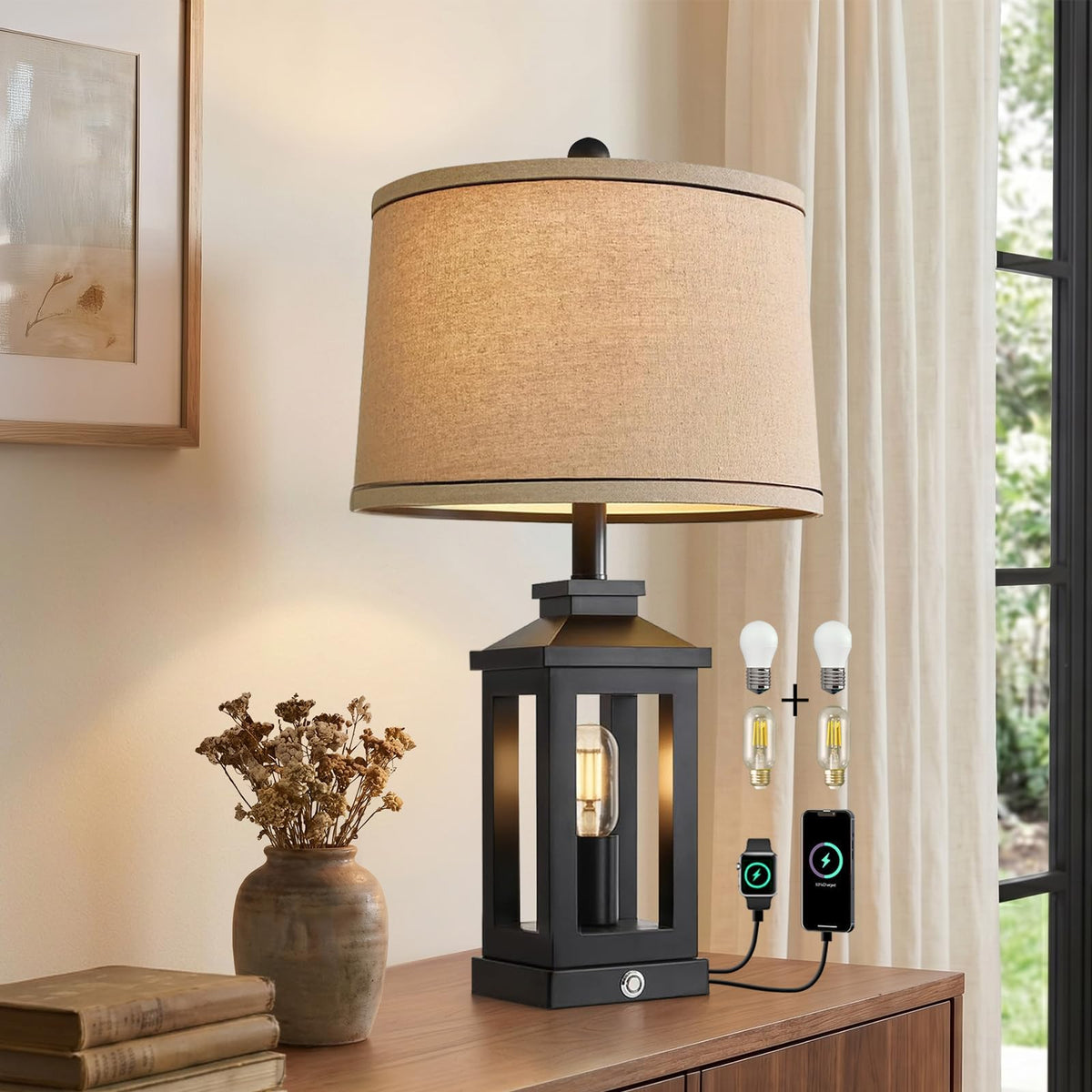 23.75" Retro Farmhouse Black Table Lamp for Living Room Bedroom Nightstand