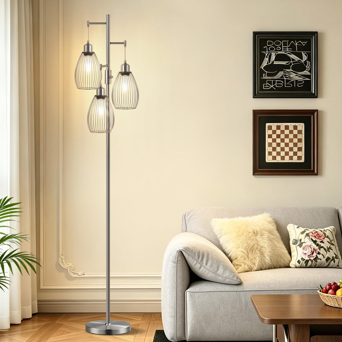Dimmable Floor Lamp, 3 x 800LM LED Edison Bulbs Included, Farmhouse Industrial Floor Lamp Standing Tree Lamp with Elegant Teardrop Cage Tall Lamps for Living Room Bedroom Office Dining Room-Black