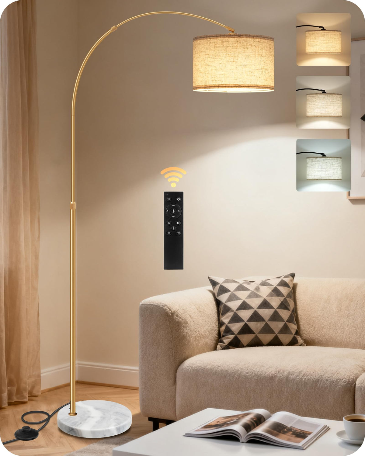 75" Dimmable Gold Arc Floor Lamp with Marble Base, Adjustable Height, Beige