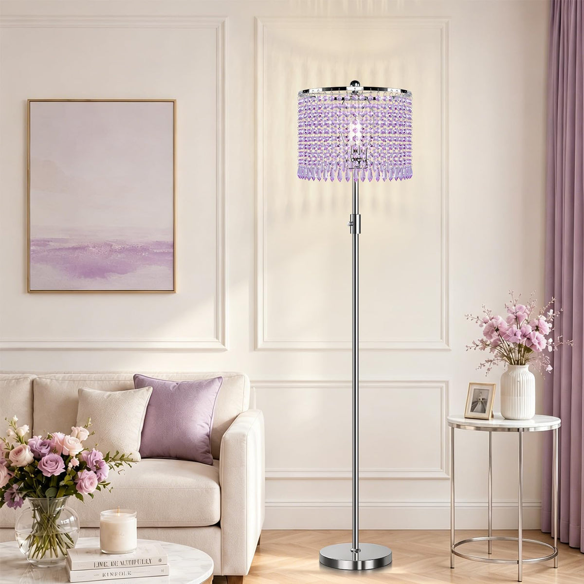 【Upgraded】 Dimmable Crystal Floor Lamps for Living Room, 1000LM LED Bulb Included, Standing Lamp with Knob Switch, Tall Silver Modern Floor Lamp for Bedroom Nursery Office Reading