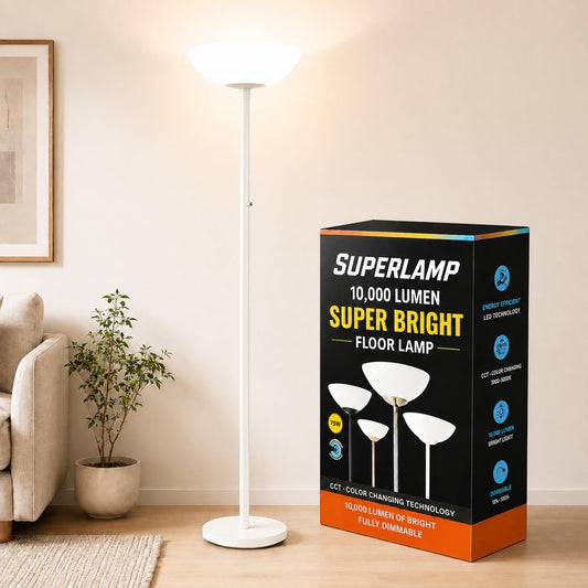 Modern Floor Superlamp 10000 Lumen - LED 75W, Dimmable 5 Changing Color, 85 CRI All Around Light, Tall Corner Standing Lamp with Cement Base and Acrylic Shade, Glare Free UpLight Kit Ready - White