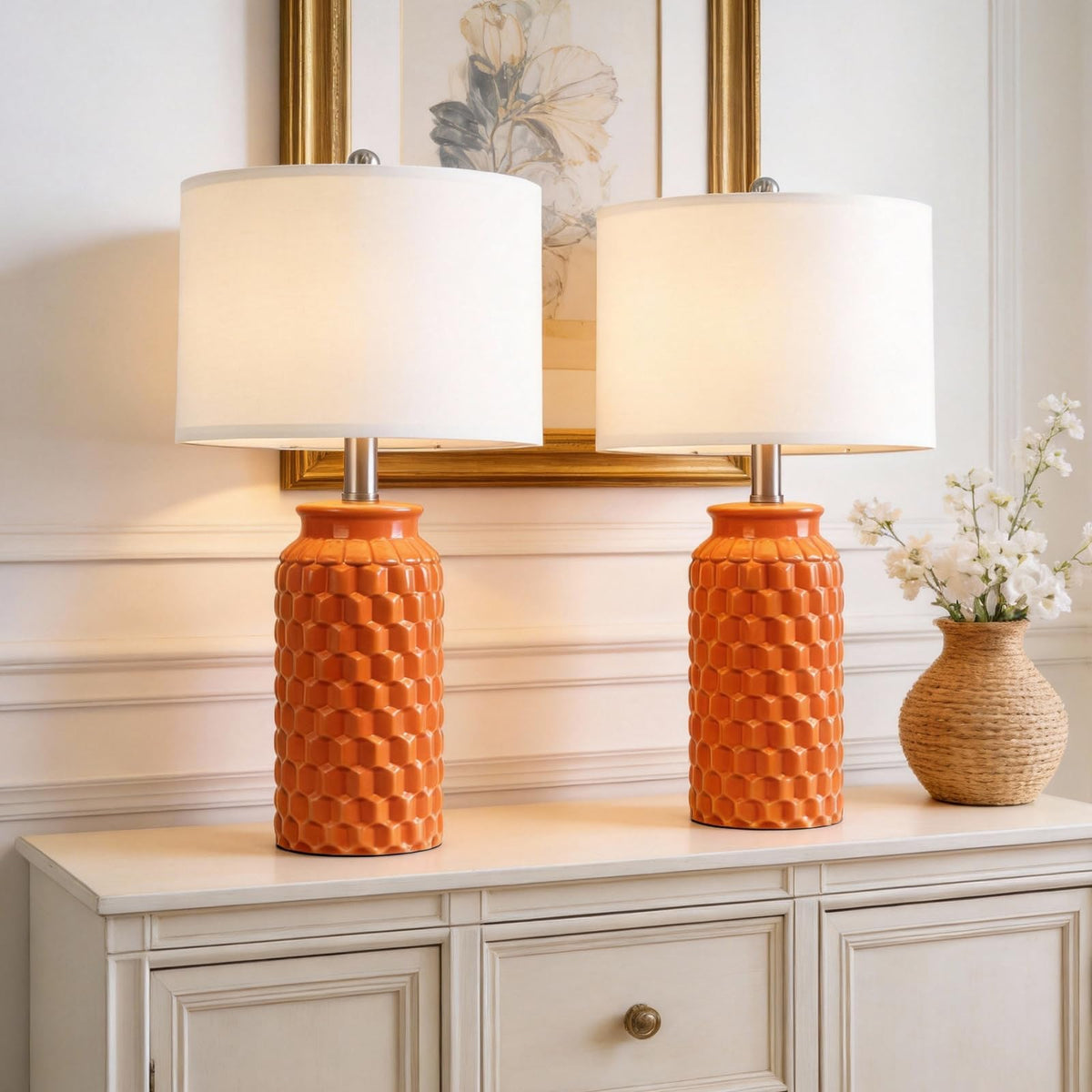 USumkky 20.5" White Modern Ceramic Bedside Lamps Set of 2, Small Table Lamp for Bedroom Decor Farmhouse Nightstand Lamp for Living Room Office