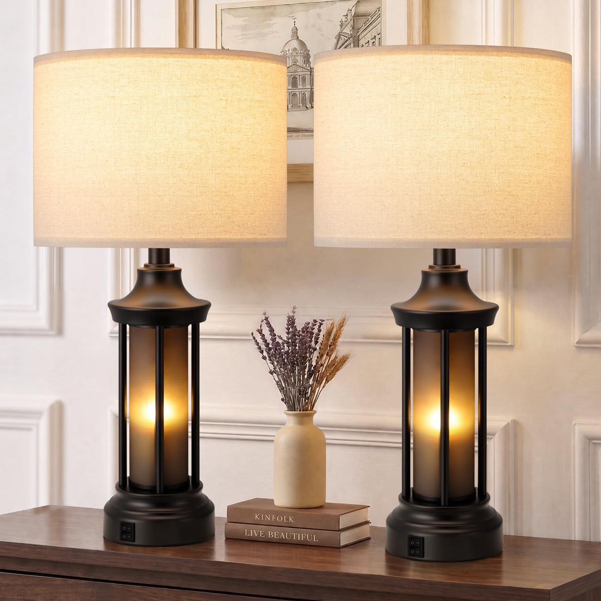 Seealle 24" Farmhouse Table Lamps for Living Room, Bedside Lamps Set of 2