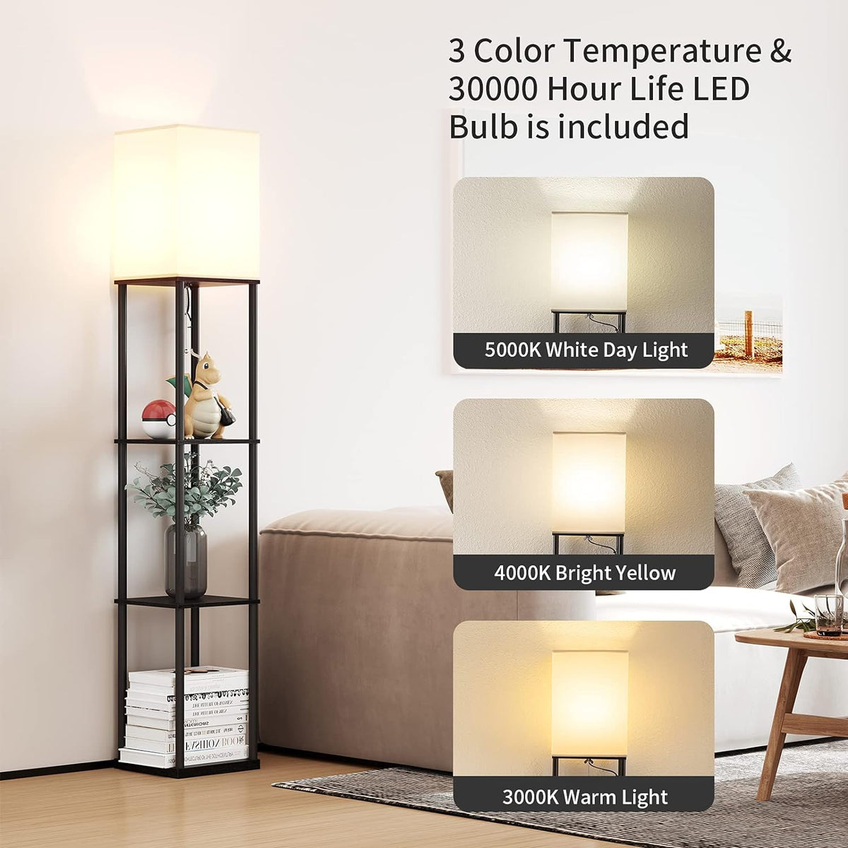 SUNMORY Floor Lamp with Shelves, Standing Lamps for Living Room, Black