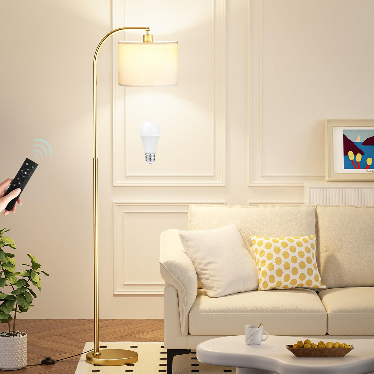 Ambimall Arc Floor Lamp with Remote and Stepless Dimmable Bulb, Colors Temperature & Brightness Adjustable, Gold Floor Lamps for Living Room(Deep Beige Shade & Gold Pole)