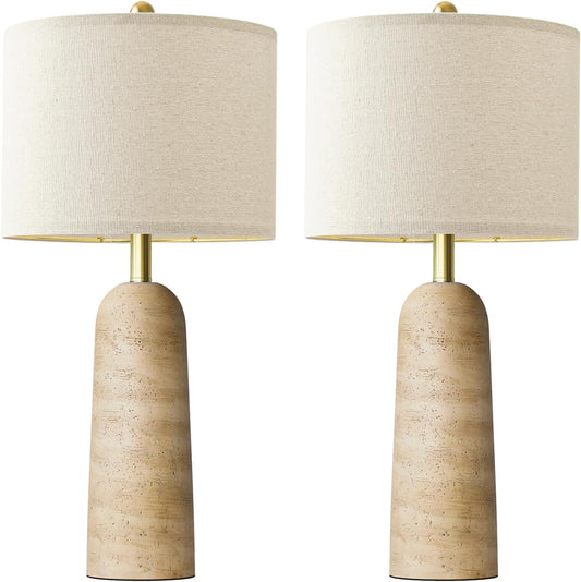 BOBOMOMO Modern Table Lamp Set of 2, Warm Beige Resin Lamp with Natural Stone Look, 27.25" Lamps for Living Room with Linen Shades, Bedside Lamp for Bedroom, Living Room, Nightstand, Entryway