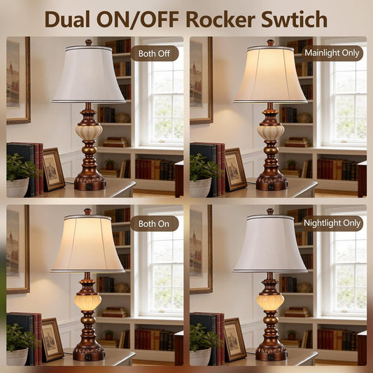27'' Farmhouse Tall Table Lamps Set of 2 for Living Room, Traditional Vintage Bedside Table Lamps with Nightlight and USB Ports, Boho Nightstand Lamps for Bedroom End Table Home Decor(Bulbs Included)