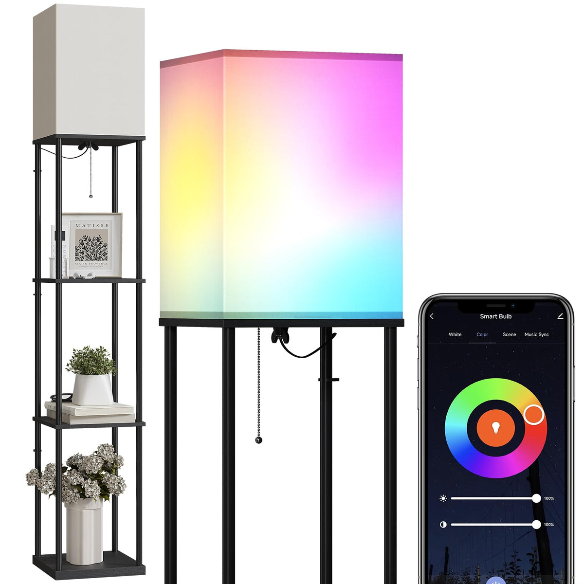 SUNMORY Floor Lamp with Shelves, Standing Lamps for Living Room, Black