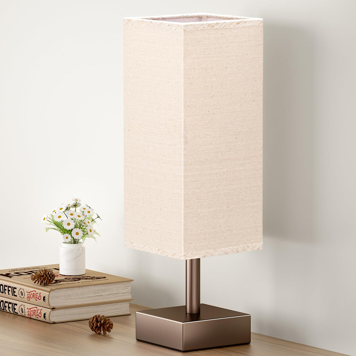 aooshine Small Bedside Table Lamp for Bedroom - Square Cream Fabric Shade