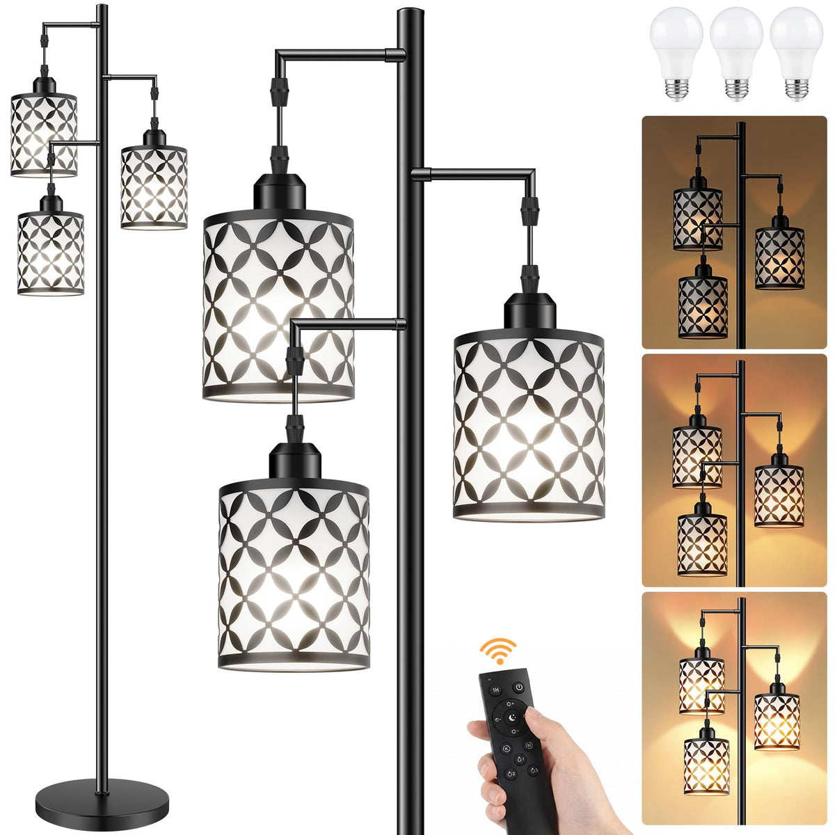 68" Industrial Tree Floor Lamp, Dimmable Farmhouse Tall Standing Lamp with Quatrefoil Cutout Shades & Rotary Dimmer Knob, Corner Light for Living Room Bedroom, 3 x800LM Bulbs Included-Black