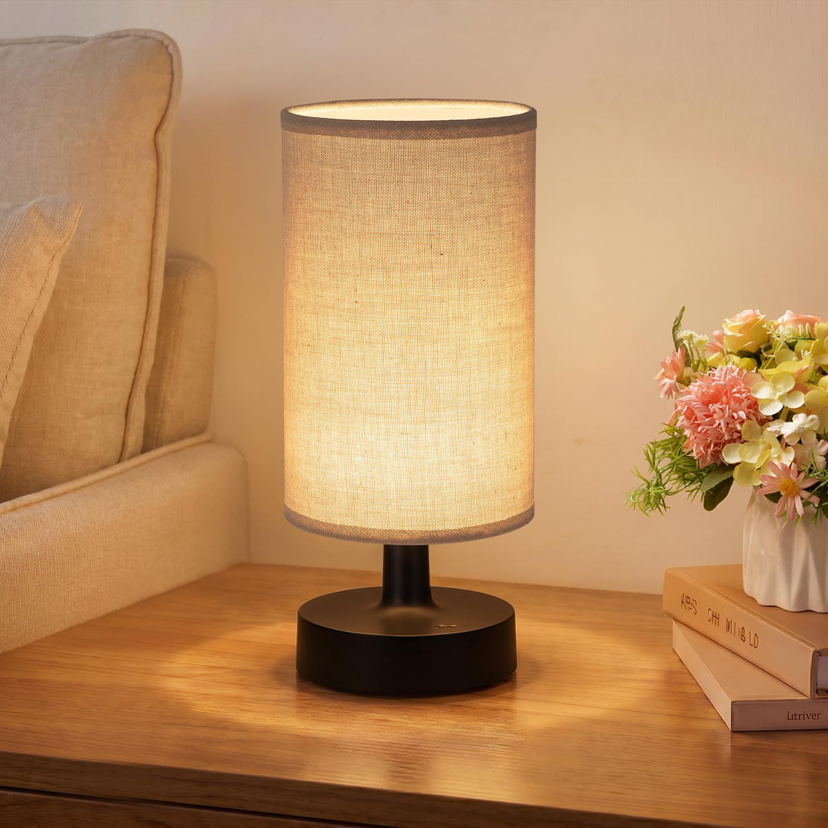 Kakanuo Cordless Table Lamp Rechargeable Small - 2 Pack Beige Wood, 4000mAh Battery Operated Lamp with Touch Control Stepless Dimming, Wireless Lamp for Bedside, Nightstand, Bedroom, Living Room