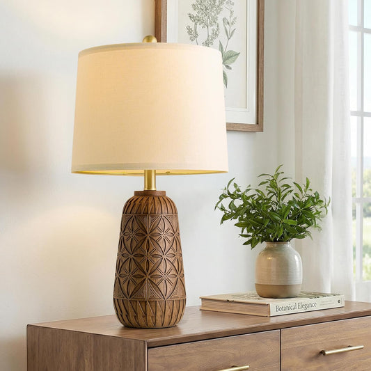 BOBOMOMO 24" Modern Farmhouse Table Lamp, Geometric Hand-Carved Resin Bedside Lamp with Wood Grain Finish, Rustic Nightstand Lamp for Bedroom & Living Room, Cottage Decor, Rotary Switch