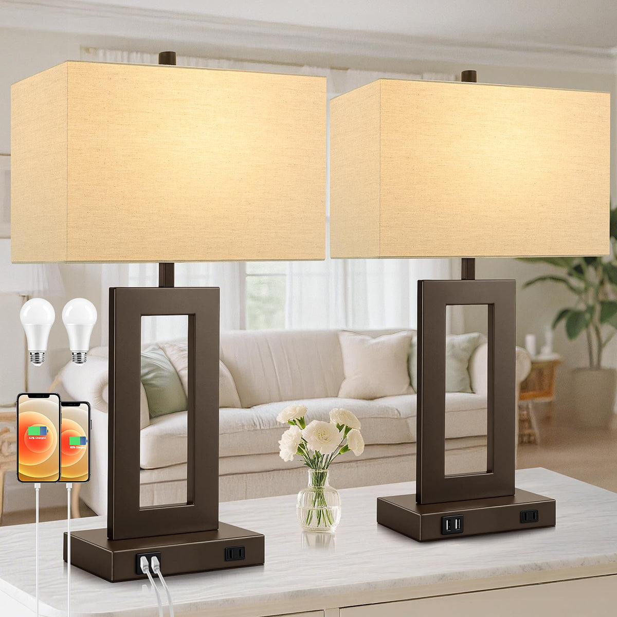 TOBUSA 22" Table Lamp Set of 2, Modern Nightstand Lamp with 2 USB Ports