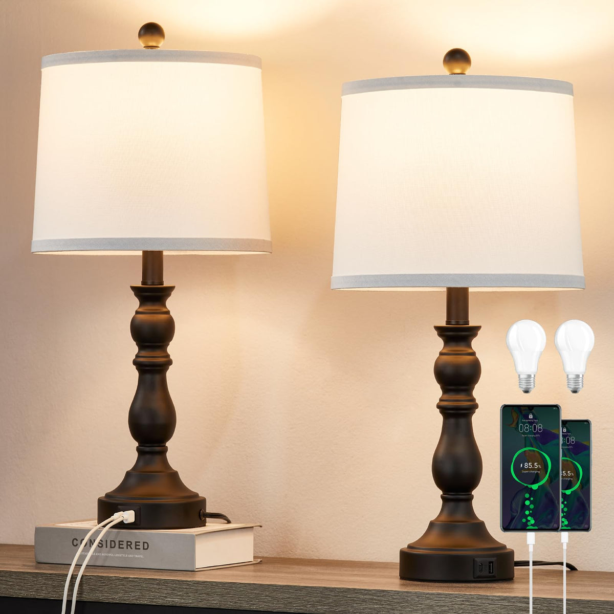 23'' Table Lamps Set of 2, Lamps for Bedroom, USB C+A Ports, Beige