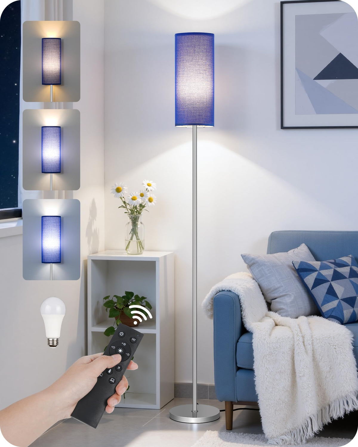 64.4” Slim Floor Lamp for Living Room with Magnetic Remote and Foot Switch, Dimmable Standing Tall Lamp Mood for Bedroom Nursery, 3 Color Temperatures, 1-Hour Timer,900LM Bulb Included,Beige E06LD05W1