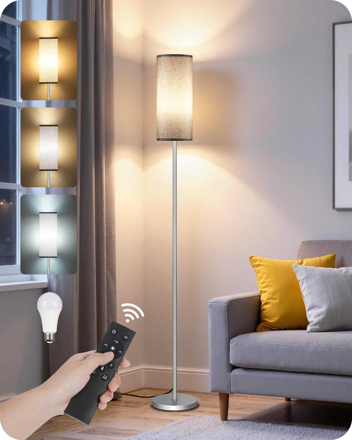 64.4” Slim Floor Lamp for Living Room with Magnetic Remote and Foot Switch, Dimmable Standing Tall Lamp Mood for Bedroom Nursery, 3 Color Temperatures, 1-Hour Timer,900LM Bulb Included,Beige E06LD05W1