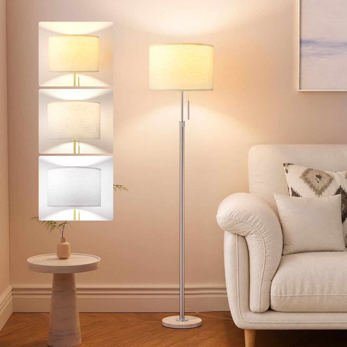Ambimall 60'' Modern Floor Lamp with Shade, Tall Lamps for Living Room, Bedroom, Office, Dining Room, Beige Shade with Brown Pole(Without Bulb)