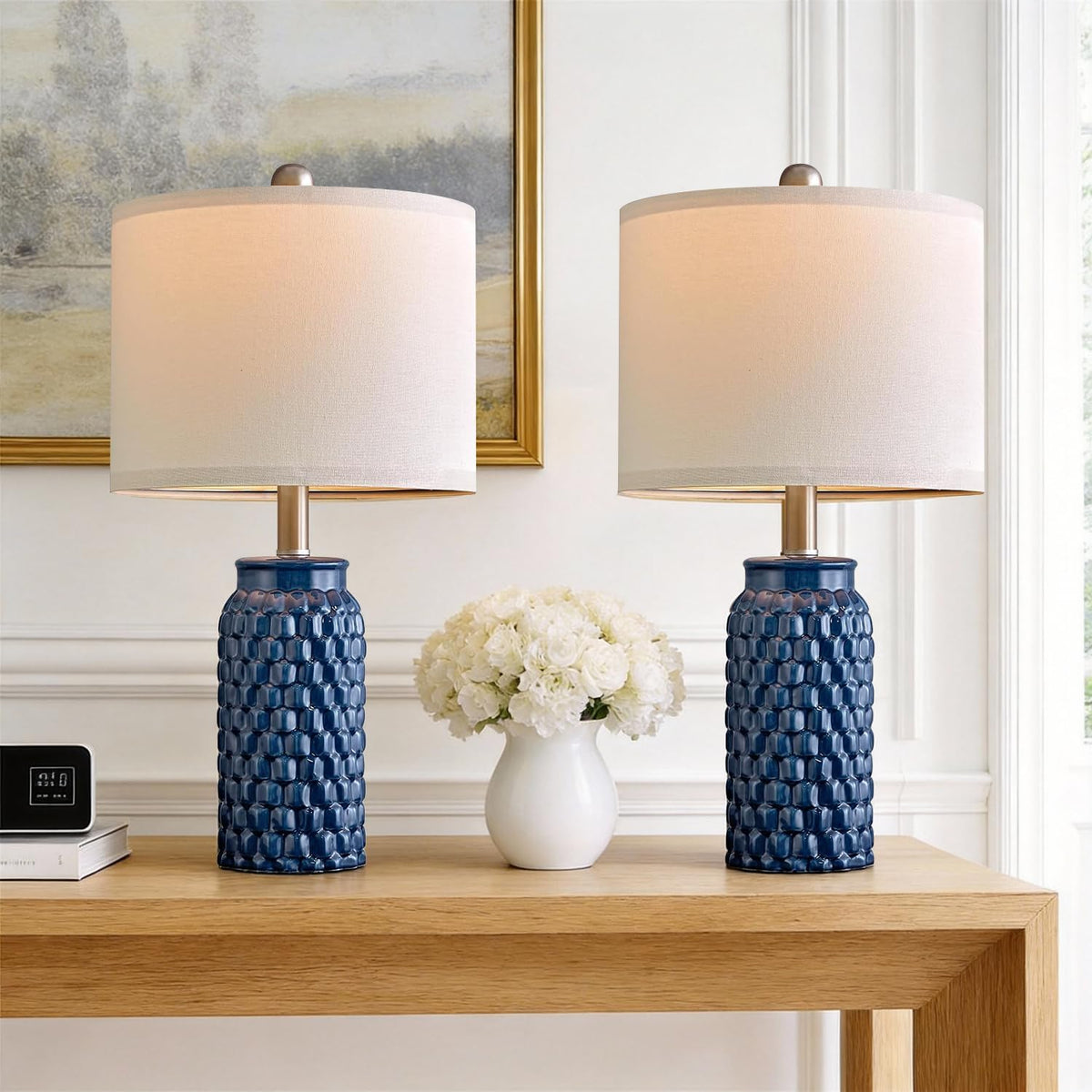 USumkky 20.5" White Modern Ceramic Bedside Lamps Set of 2, Small Table Lamp for Bedroom Decor Farmhouse Nightstand Lamp for Living Room Office