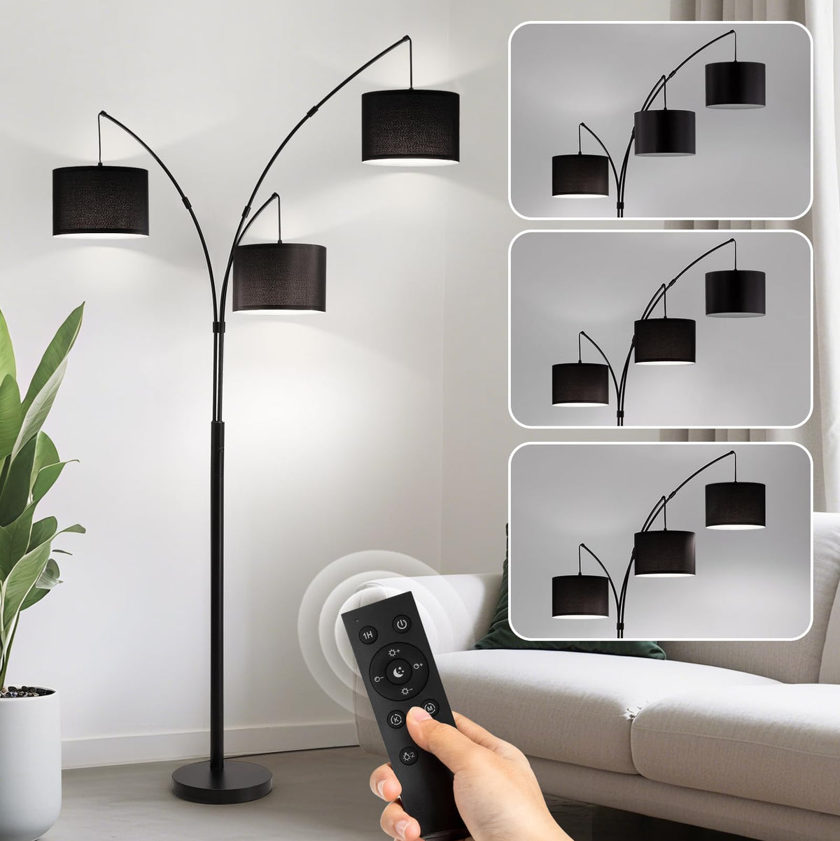 3 Light Arc Floor Lamp with Remote, Beige Shade Black Pole