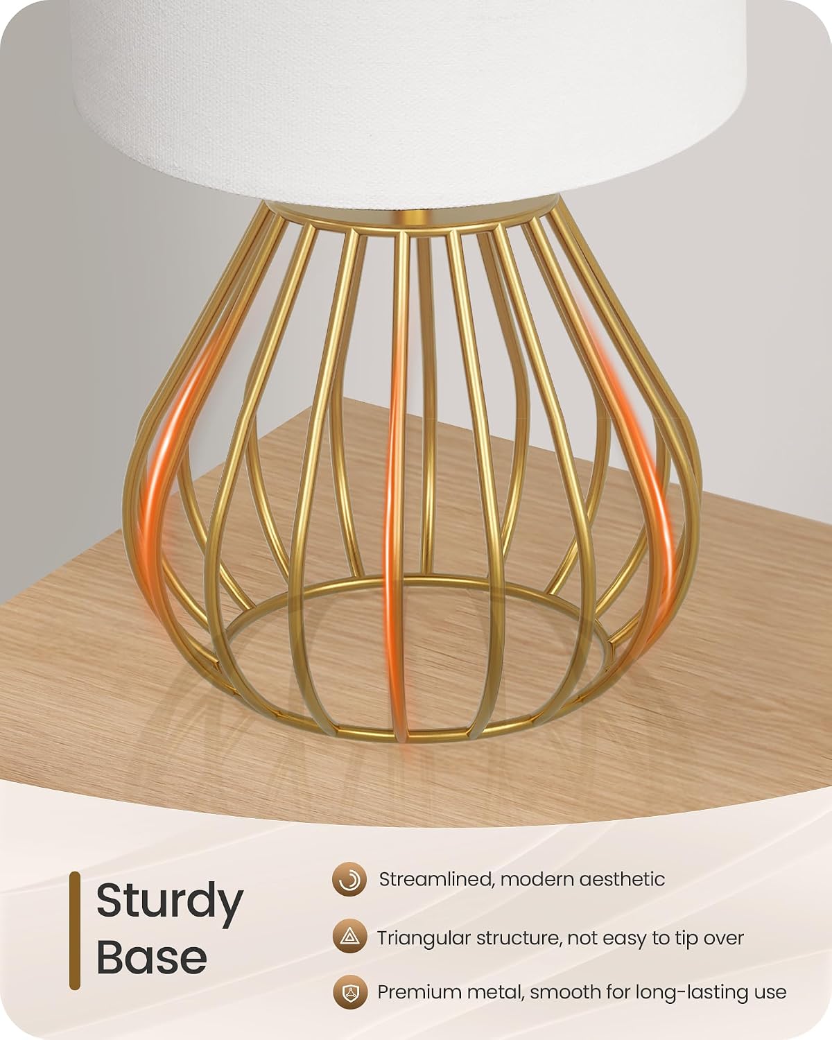 Gold Table Lamp, 12.6 Inch Small Bedside Lamp with 2700K LED Bulb