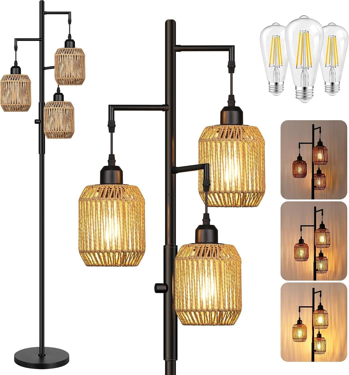 ROTTOGOON Dimmable Boho Floor Lamp - 3 Light Farmhouse Rattan Floor Lamp for Living Room, Industrial Tree Floor Lamps with 3 X 6W LED Bulbs, Rustic Standing Tall Lamp for Bedroom, Office, 68", Black