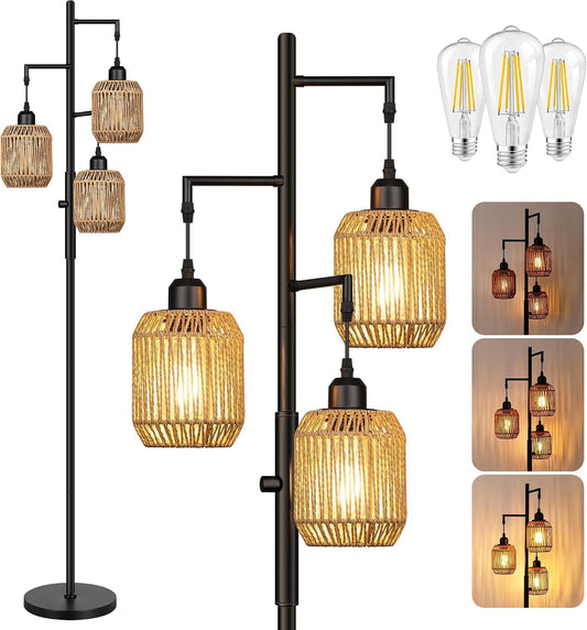 ROTTOGOON Dimmable Boho Floor Lamp - 3 Light Farmhouse Rattan Floor Lamp for Living Room, Industrial Tree Floor Lamps with 3 X 6W LED Bulbs, Rustic Standing Tall Lamp for Bedroom, Office, 68", Black