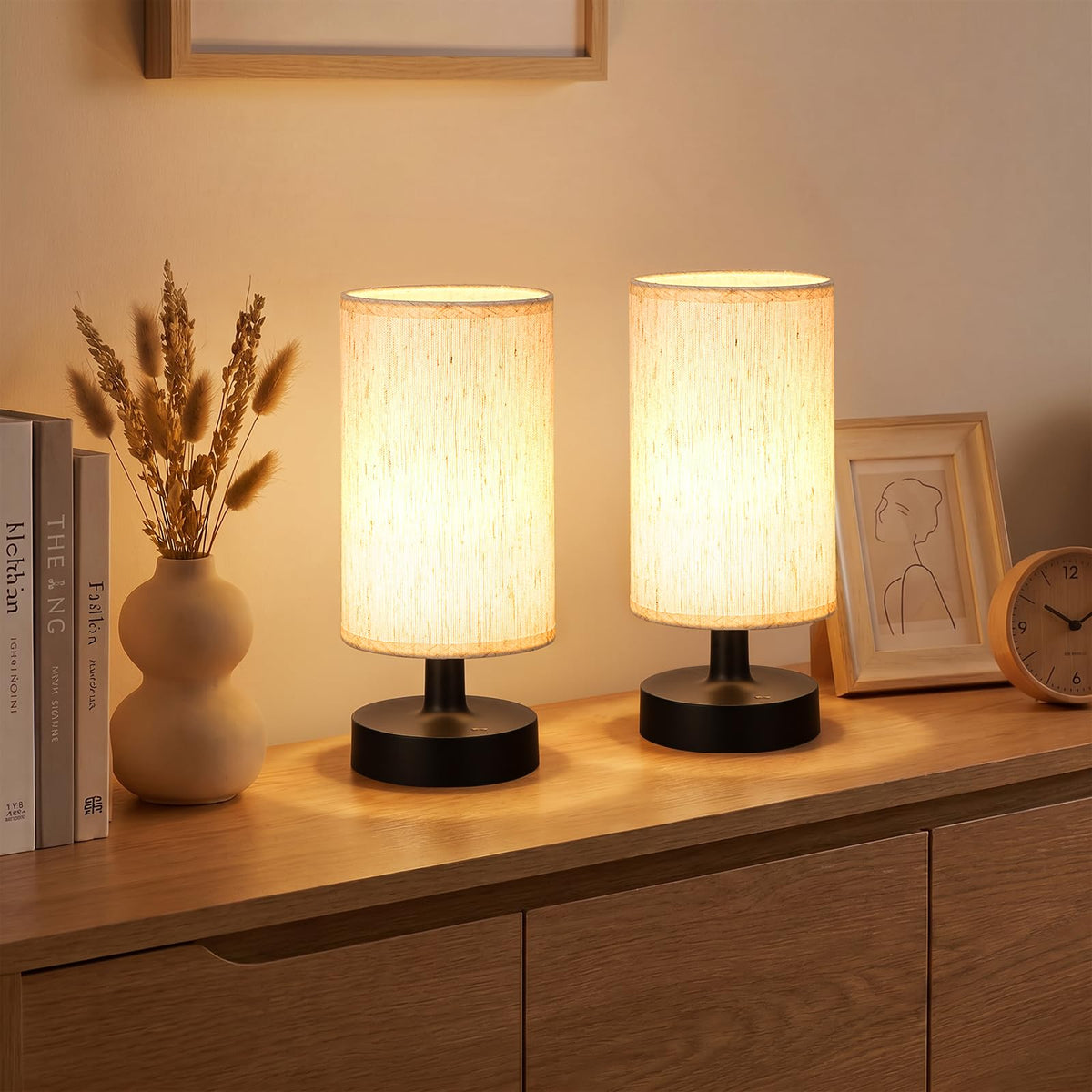 Kakanuo Cordless Table Lamp Rechargeable Small - 2 Pack Beige Wood, 4000mAh Battery Operated Lamp with Touch Control Stepless Dimming, Wireless Lamp for Bedside, Nightstand, Bedroom, Living Room