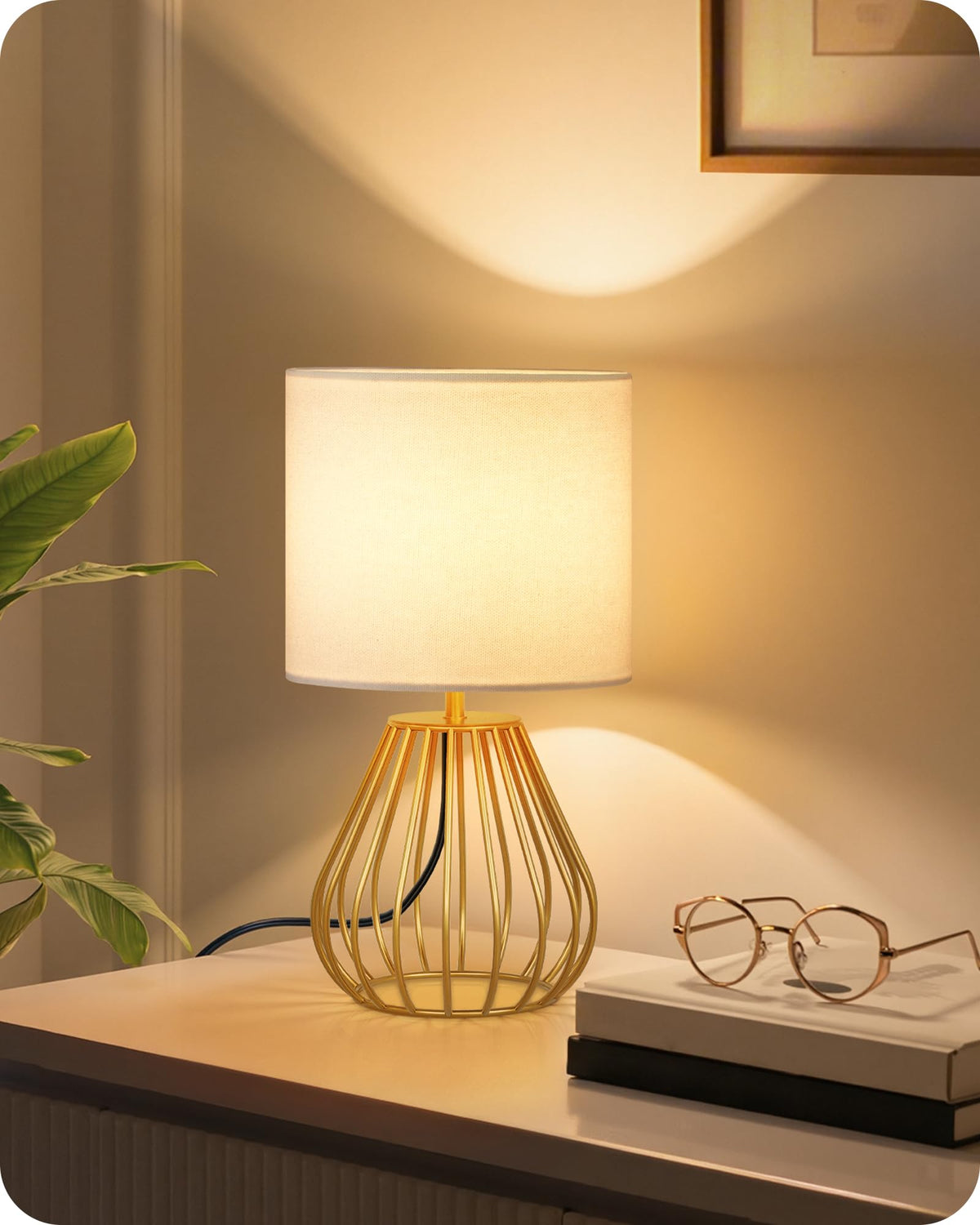 Gold Table Lamp, 12.6 Inch Small Bedside Lamp with 2700K LED Bulb