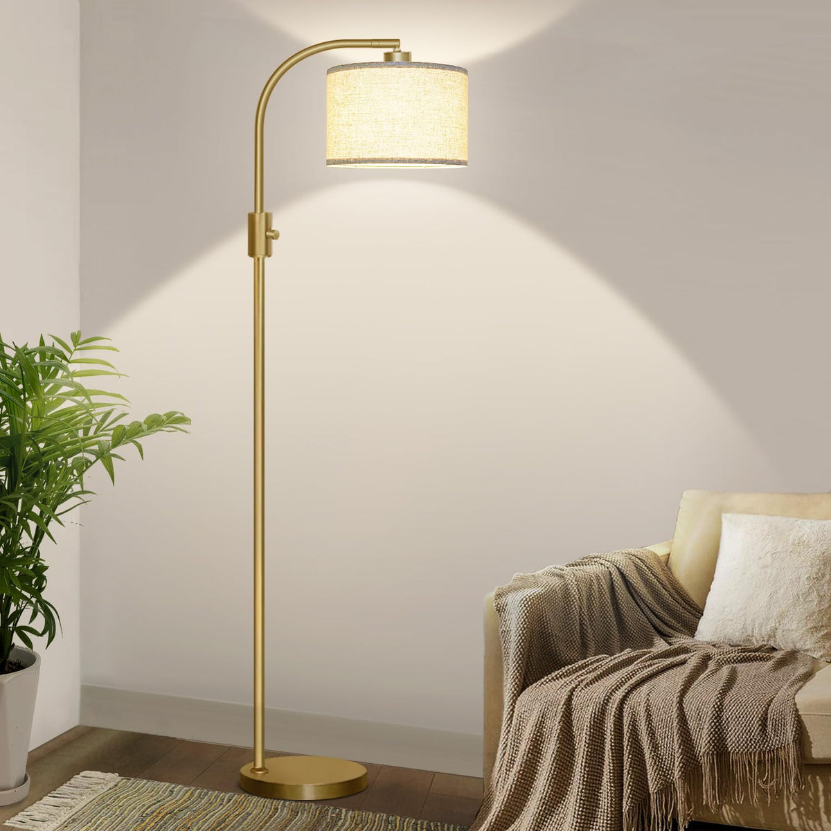Nintiue Upgraded Modern Arc Dimmable Tall Standing Floor Lamp with Linen Shade, 1200 Lumens LED Bulb Included, for Living & Reading Room, Bedroom, Office & Nursery, Brushed Nickel