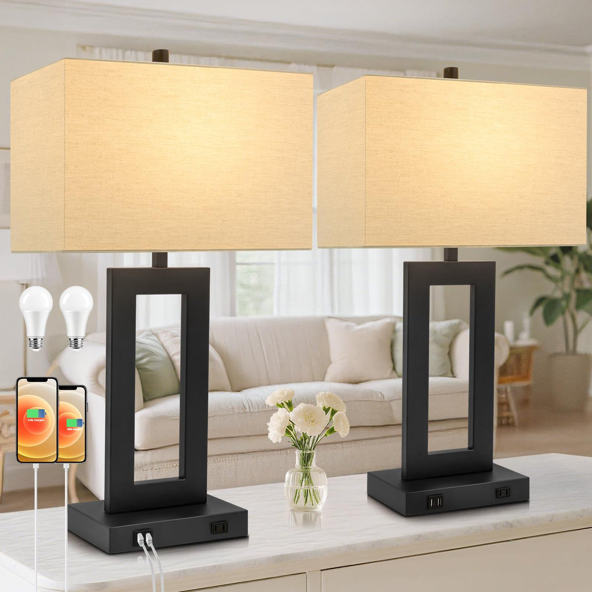 TOBUSA 22" Table Lamp Set of 2, Modern Nightstand Lamp with 2 USB Ports