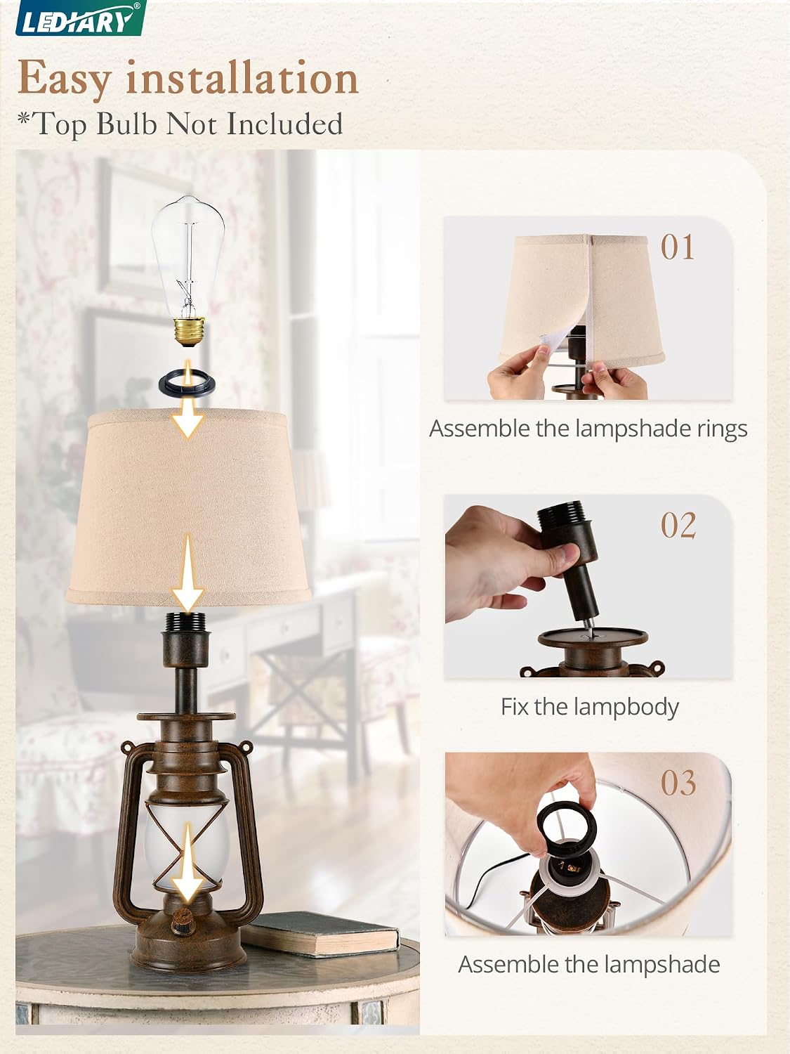 LEDIARY 18.72" LED Vintage Lantern Flickering Flame Table Lamps Set of 2
