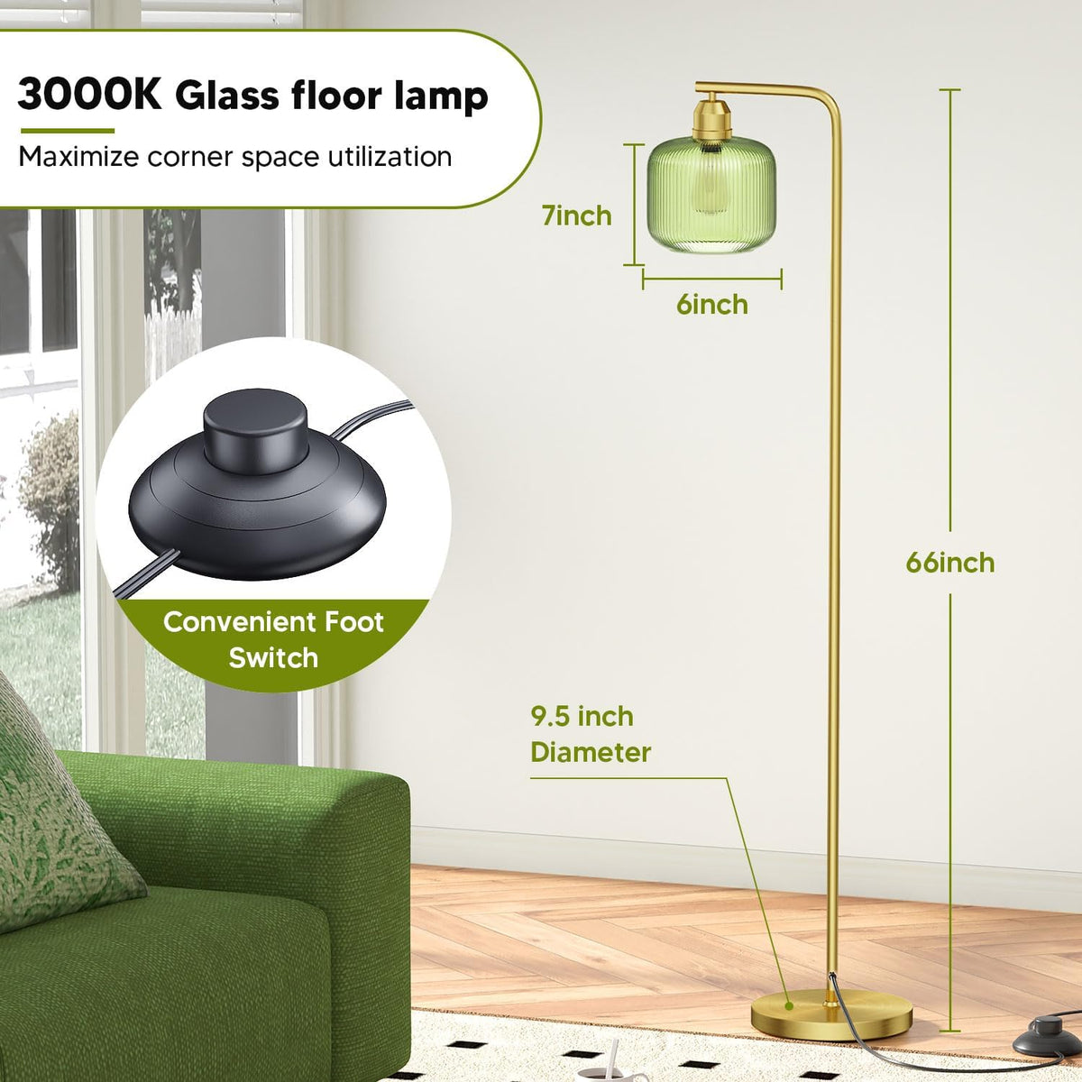 66" Gold Floor Lamp,Standing Lamp with Green Ribbed Glass for Living Room