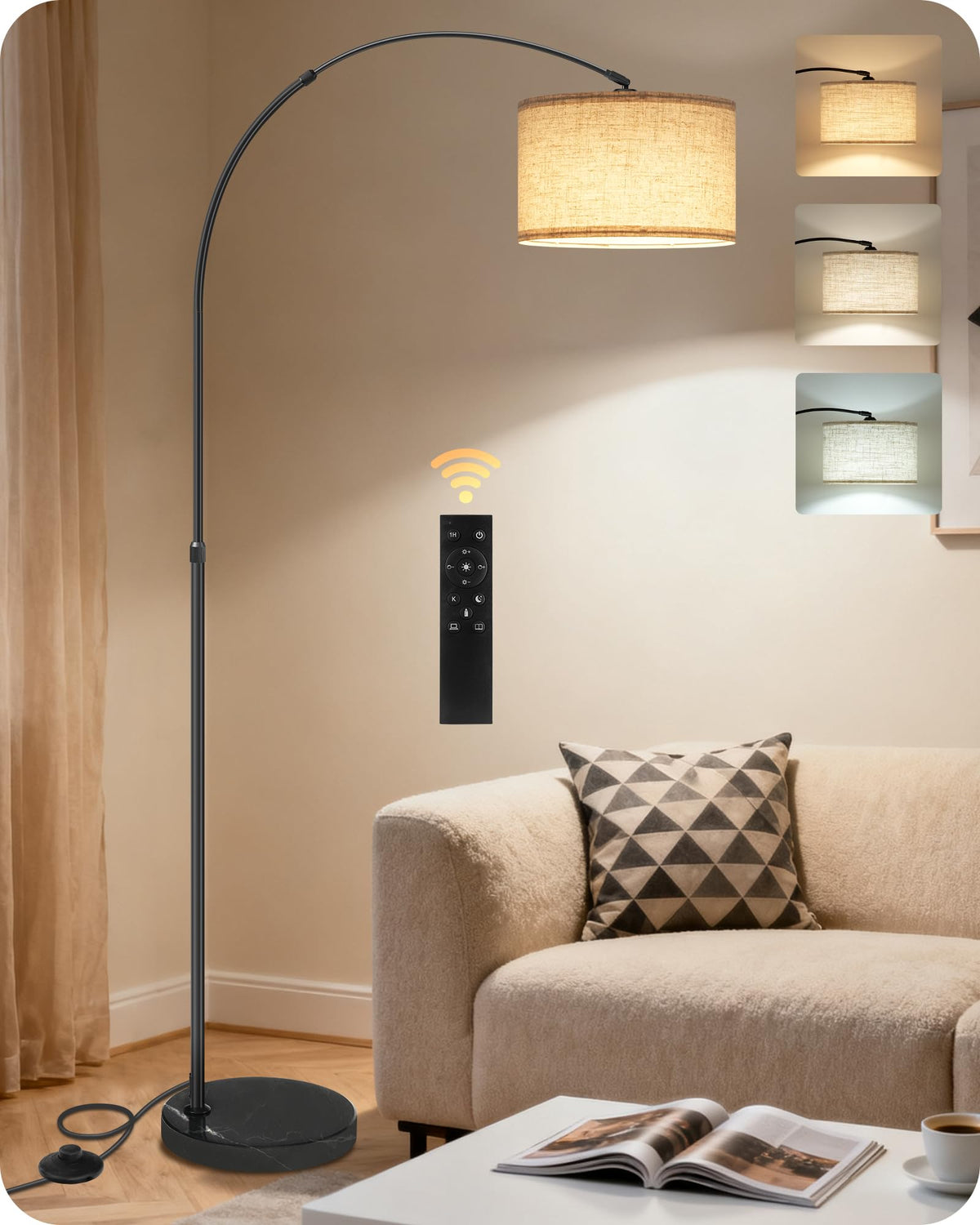 75" Dimmable Gold Arc Floor Lamp with Marble Base, Adjustable Height, Beige