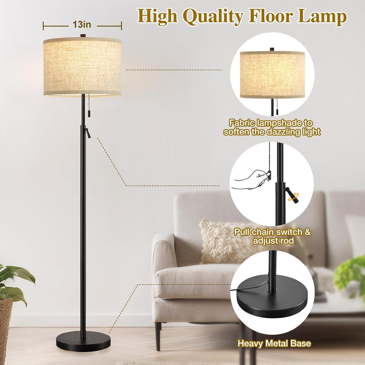 GyroVu Black Floor Lamp, Height Adjustable Standing Lamp Tall Lamp with Fabric Lampshade&Pull Chain Corner Floor Lamps for Living Room, Bedroom & Office Bulbs Not Included(Black Base)