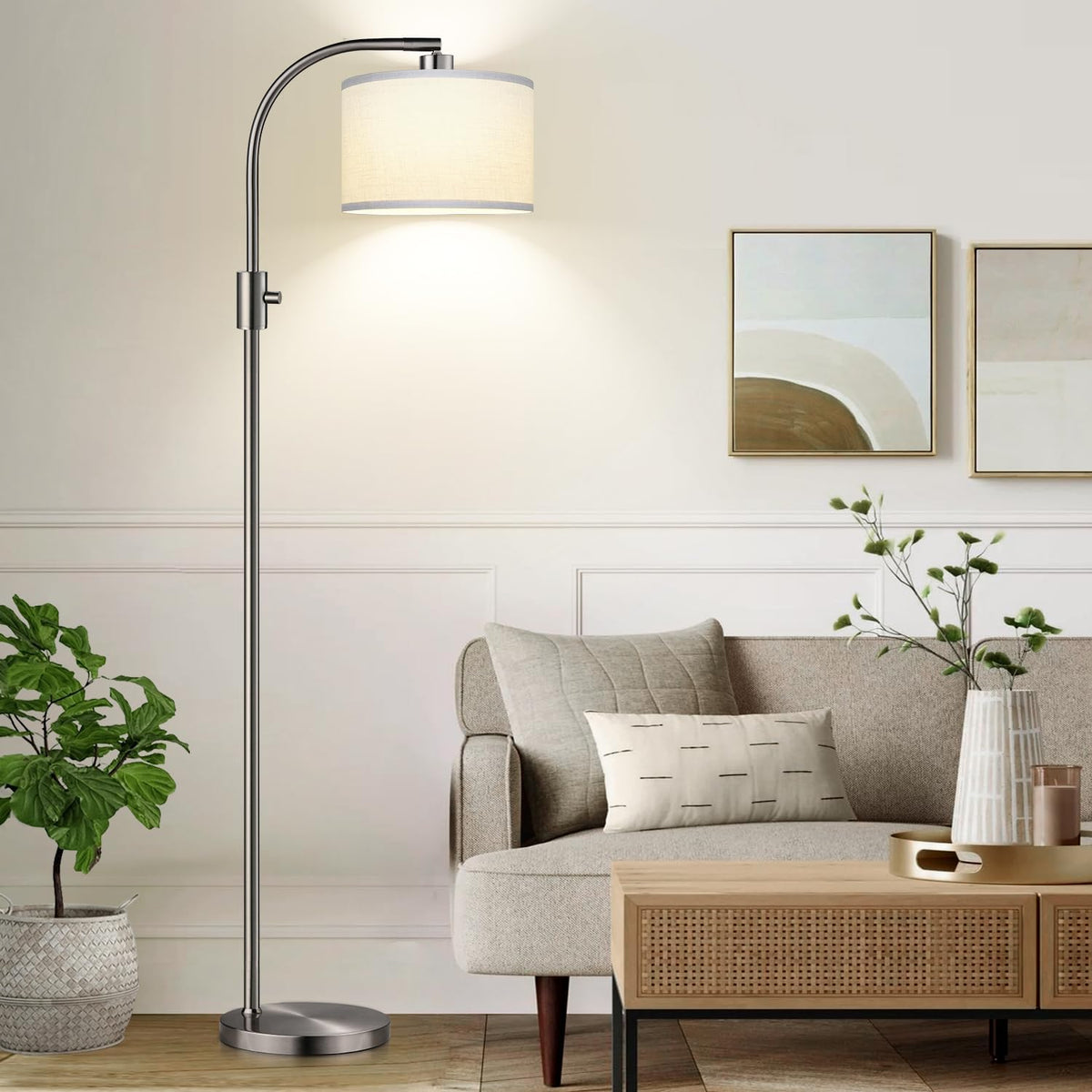 Nintiue Upgraded Modern Arc Dimmable Tall Standing Floor Lamp with Linen Shade, 1200 Lumens LED Bulb Included, for Living & Reading Room, Bedroom, Office & Nursery, Brushed Nickel