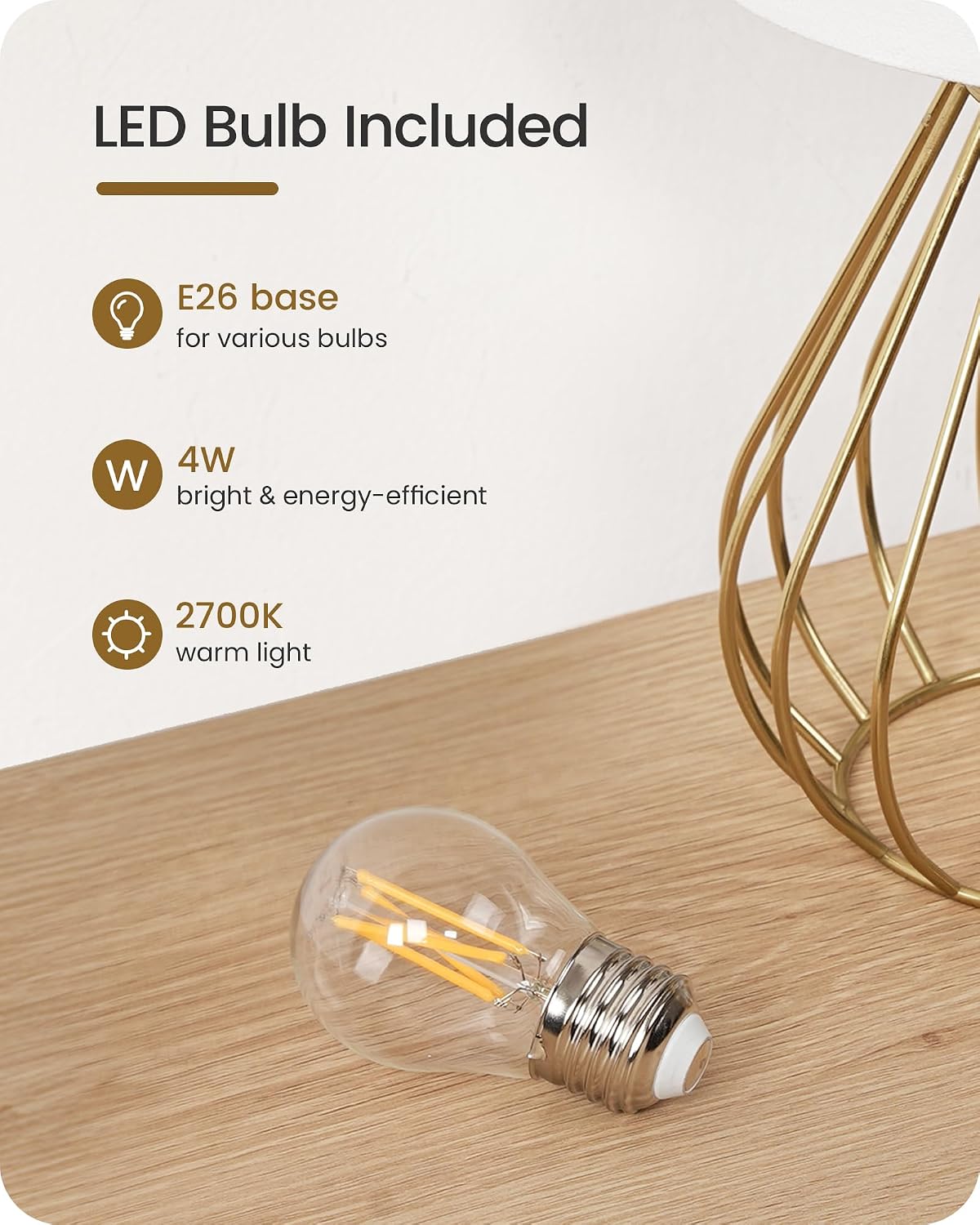 Gold Table Lamp, 12.6 Inch Small Bedside Lamp with 2700K LED Bulb