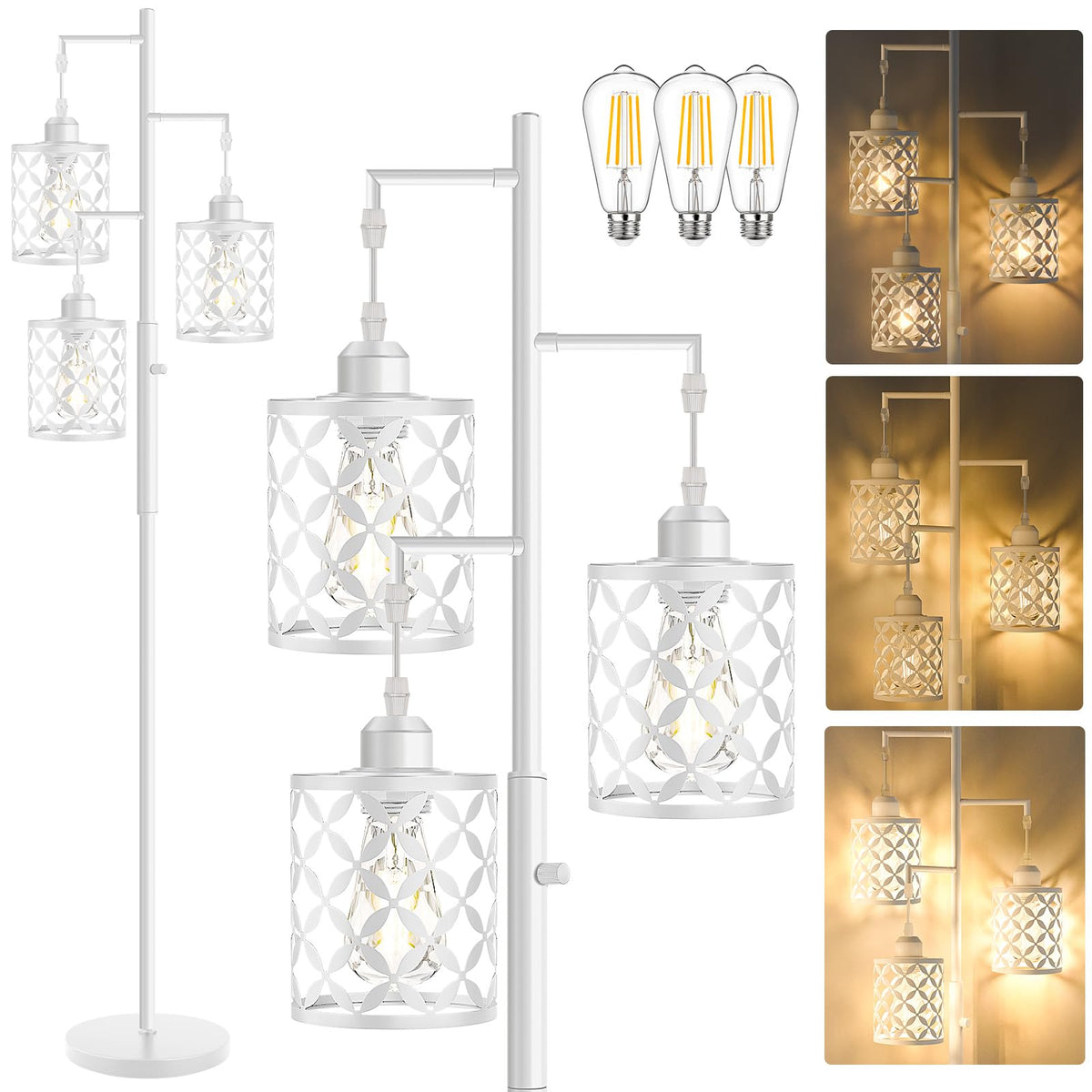 68" Industrial Tree Floor Lamp, Dimmable Farmhouse Tall Standing Lamp with Quatrefoil Cutout Shades & Rotary Dimmer Knob, Corner Light for Living Room Bedroom, 3 x800LM Bulbs Included-Black