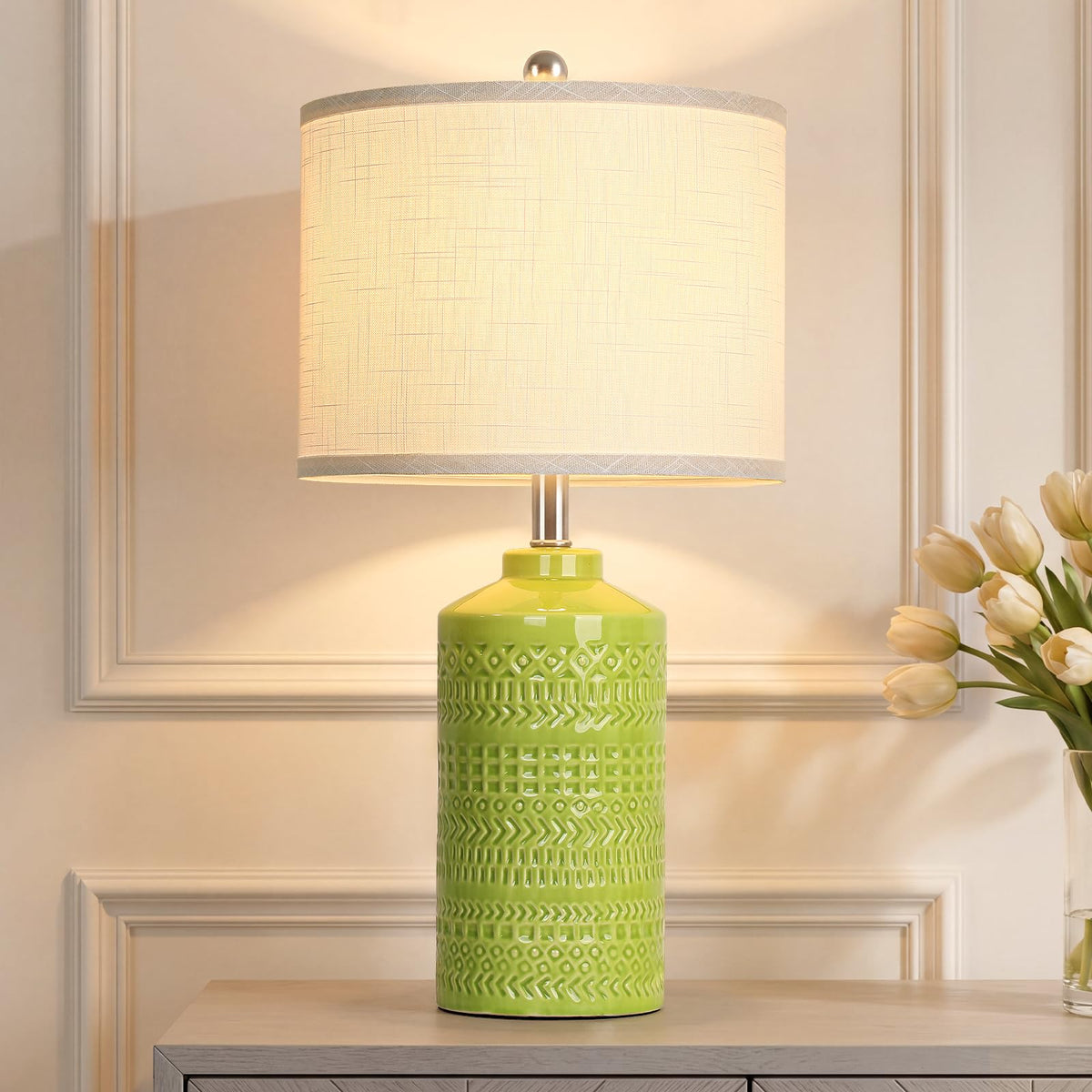 Modern Ceramic Table Lamp, 24.5" Living Room Lamps 3-Way Dimmable Gray Nightstand Lamp with White Shade|Tall Bedside Lamp Desk Decor Lamps for Bedrooms Farmhouse Office End Table Lamps(Bulb Included)